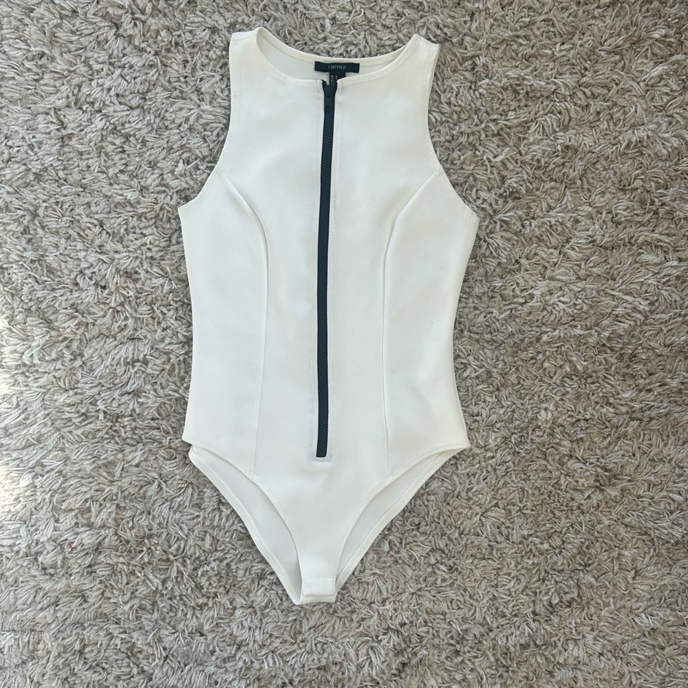 Forever 21 White Bodysuit with Black Zipper